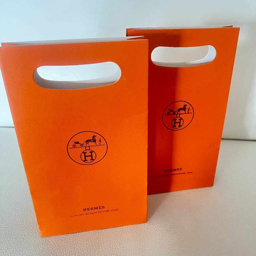 SET OF 2 Hermes Paris Authentic Orange Logo Paper Shopping Bag Tote